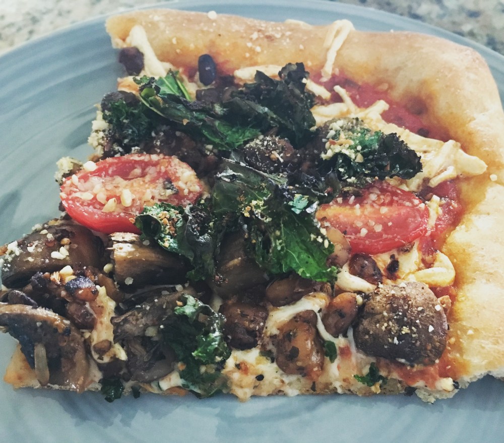 Tempeh "Sausage", Mushroom, Tomato, and Kale Pizza