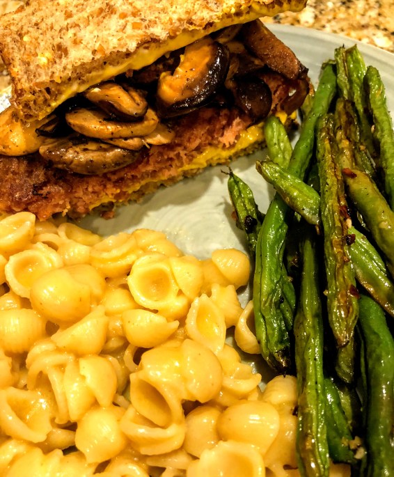 Vegan burgers, mac, and green beans